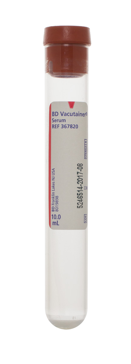 BD Vacutainer Serum collection device. 10.0mL size with a red top