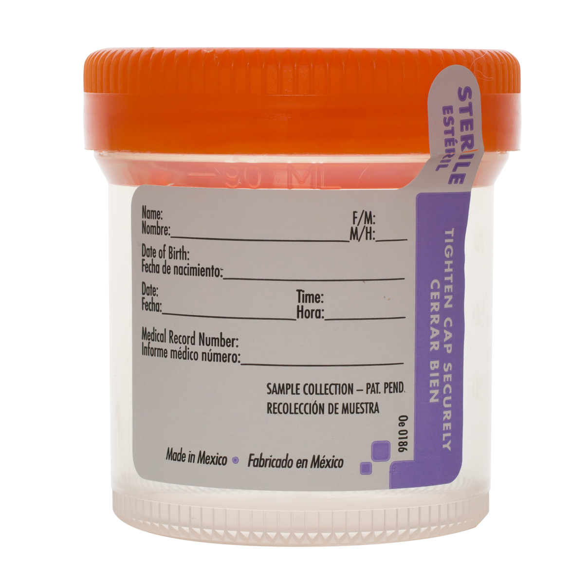 Sealed sterile container for tissue sample collection 90mL with identifying label